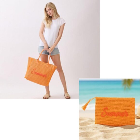 MDM Lux Handbags - Orange Woven Straw Fringe Tote & Pouch w/Summer Embroidery & Gold Lurex Detail